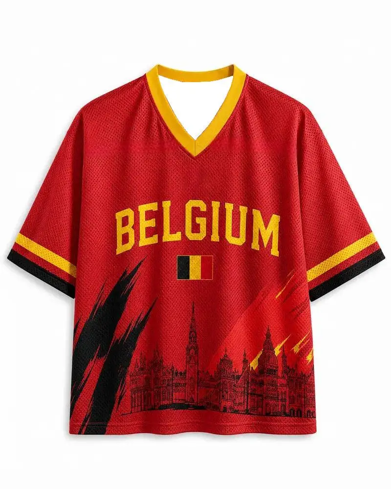 Unisex Mesh V Neck Brush Stroke City Building Print Sports Training Short Sleeve With Decorative Double Zero Number
