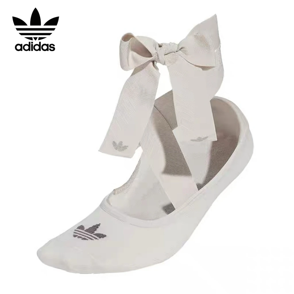 Adidas Women White Bow Ribbon Wrap Socks Breathable Non Slip Ballet No Show Socks Yoga Dance Daily Footwear 1 Pair JD5622