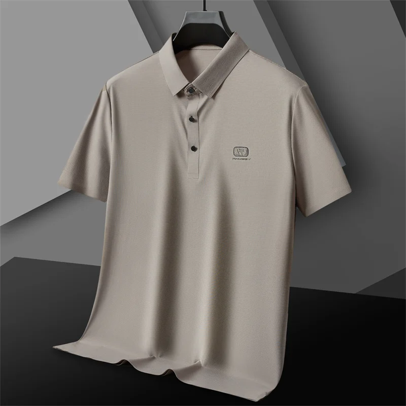 Summer ice silk seamless breathable T-shirt men\'s short sleeve lapel high-end exquisite embroidery fashion casual polo shirt