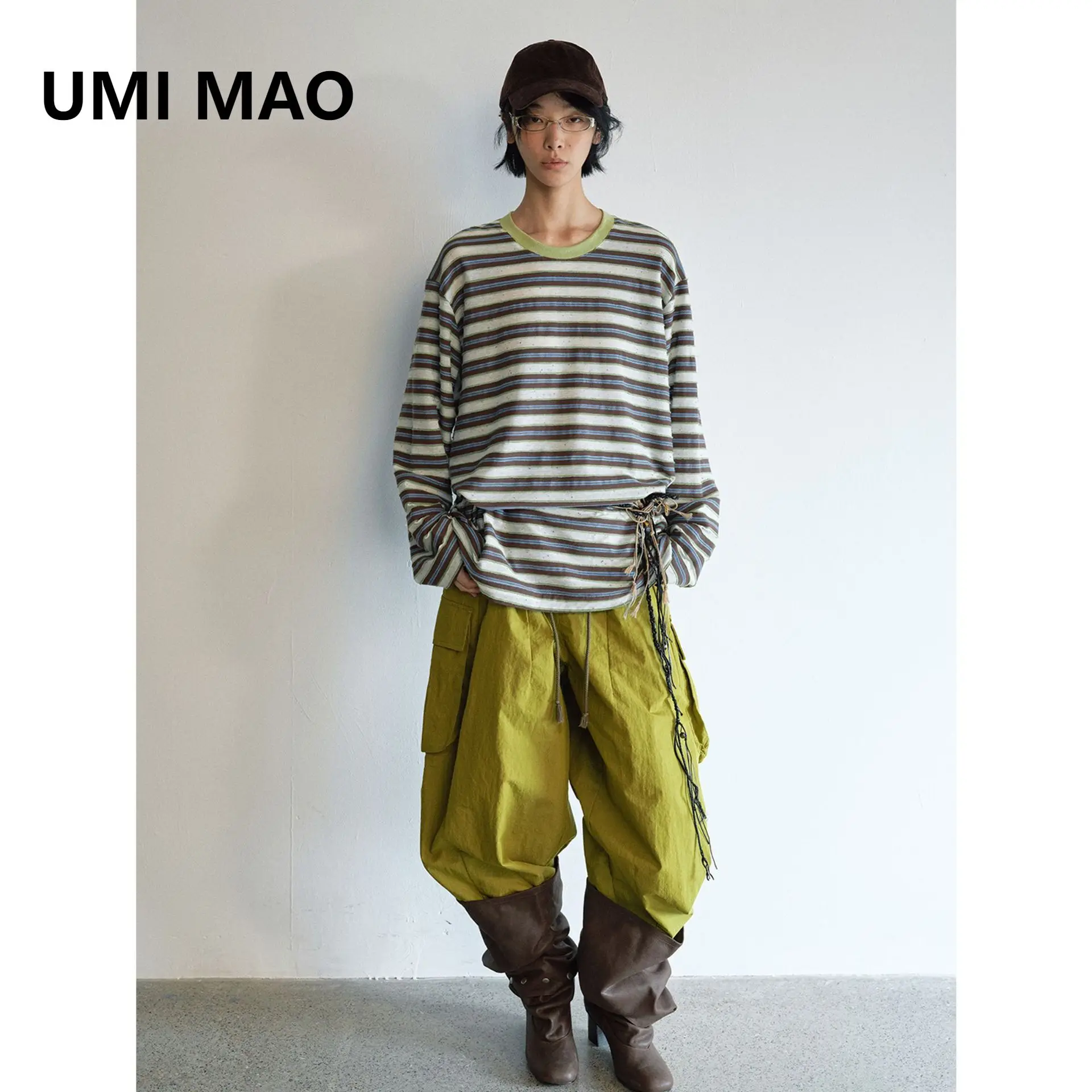

UMI MAO Top Femme новая свободная удобная модная полосатая повседневная футболка с цветными блоками и длинными рукавами с круглым вырезом женская