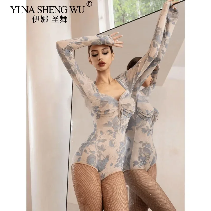 

Топы для латинских танцев, женские сетчатые кружевные боди с длинными рукавами для взрослых, высококачественная одежда для бальных танцев, балета, практики