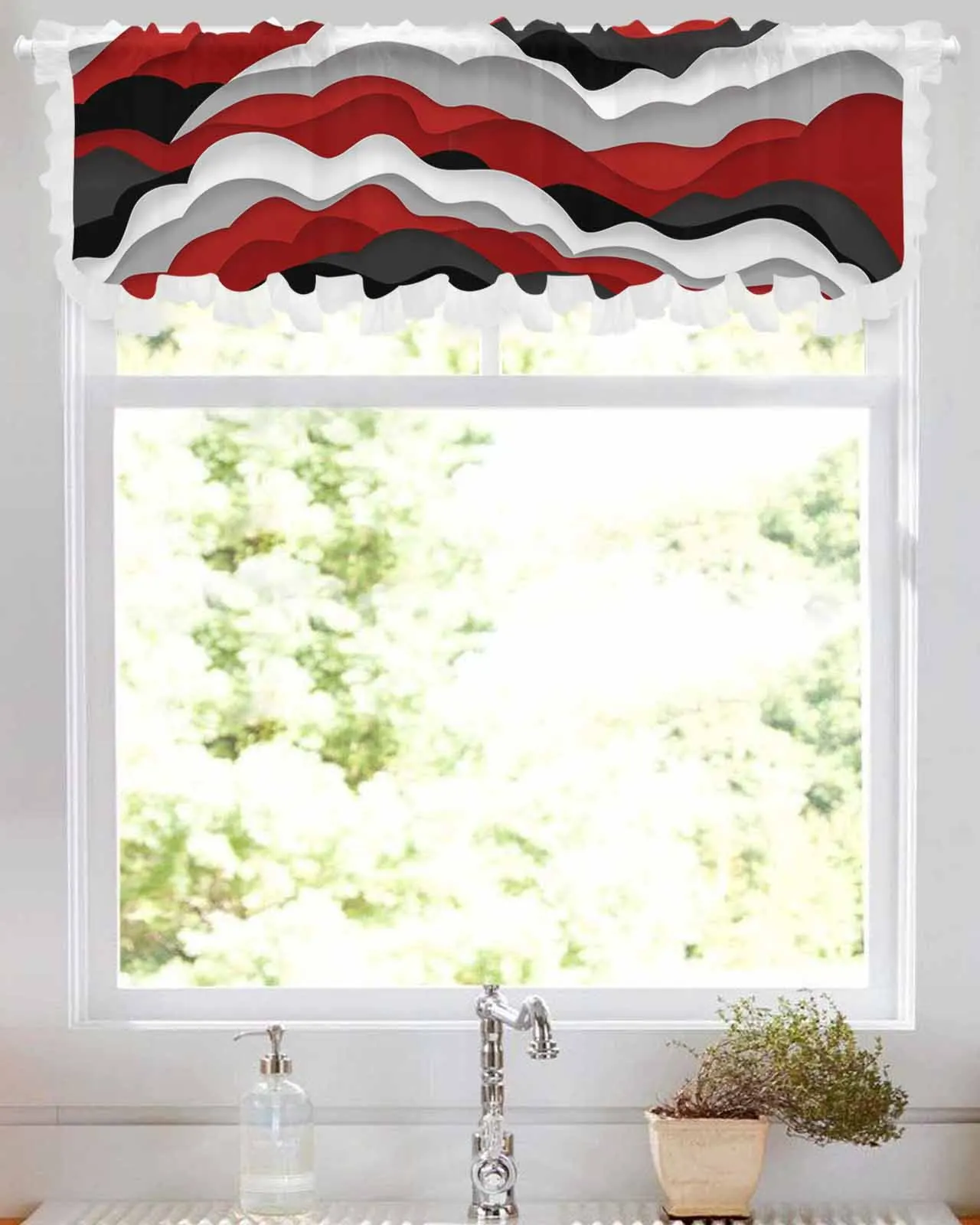 Waves Black Red Gradient Short Tulle Half Curtains for Living Room Kitchen Door Cafe Window Sheer Valance Drapes