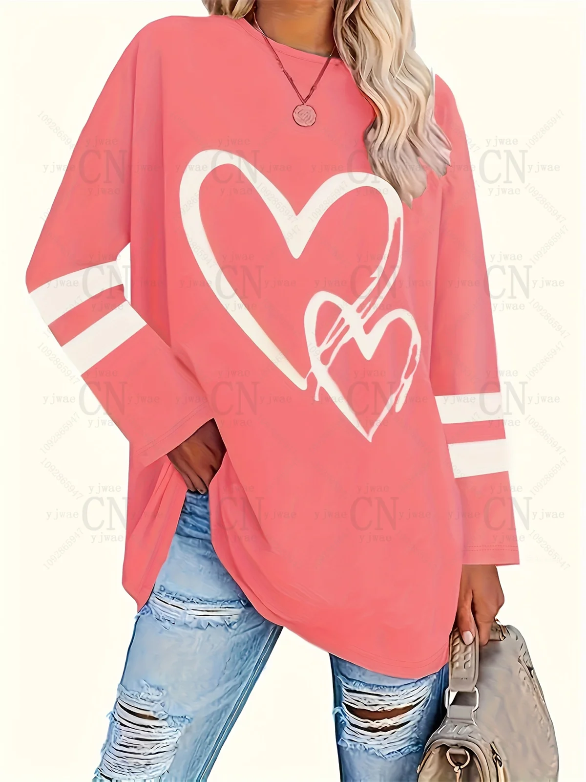 Plus Size Populaire Loszittende Lange Mouw T-shirt met Hartprint Simpele Streetwear Veelzijdige Top Dames Langarm T-shirt