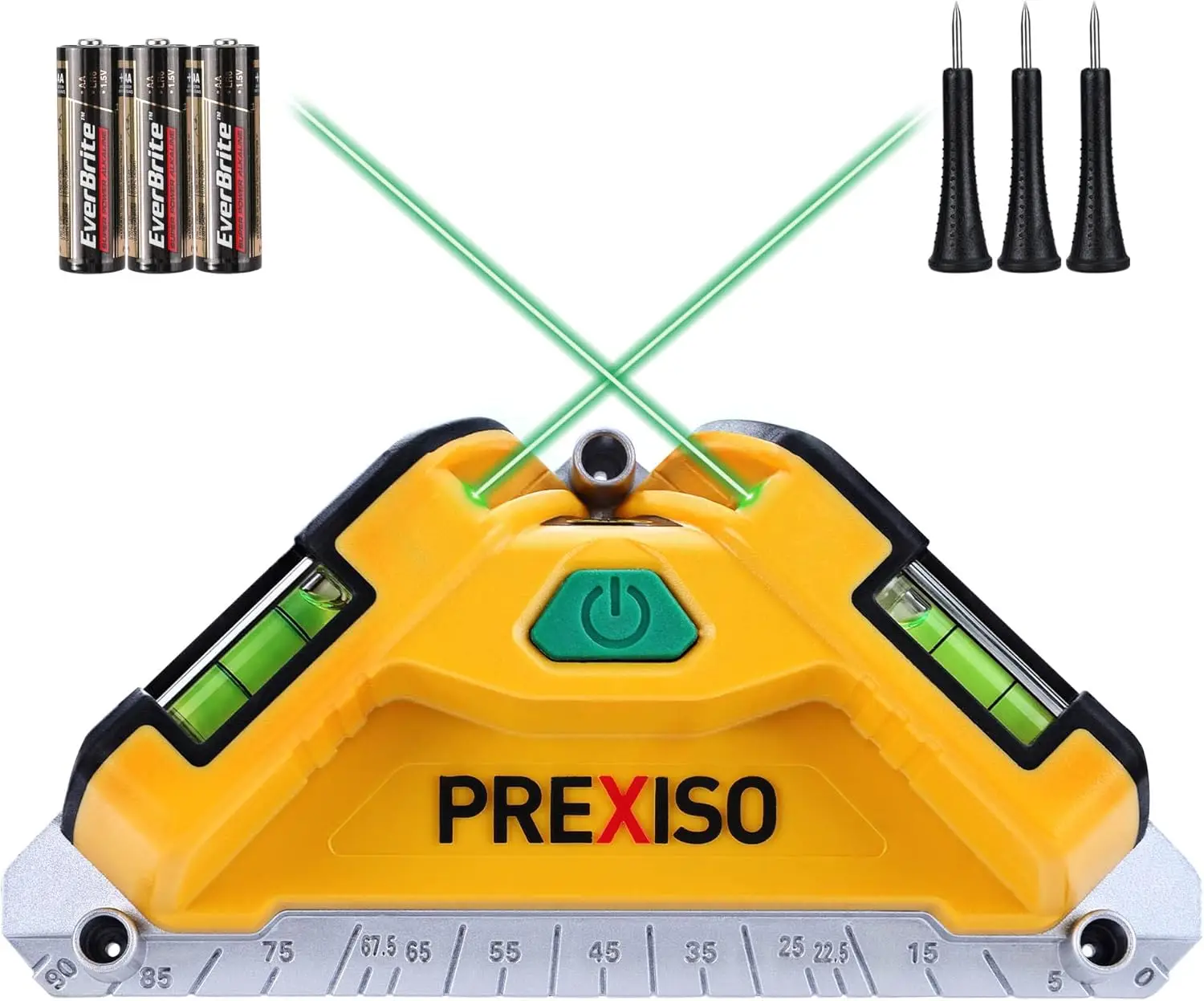 

Square Laser Level with 65ft Green Beam, 90° Angle, Magnetic Aluminum Base, 2 Bubble Vials, 3 Mounting Pins, 3xAA Batteries