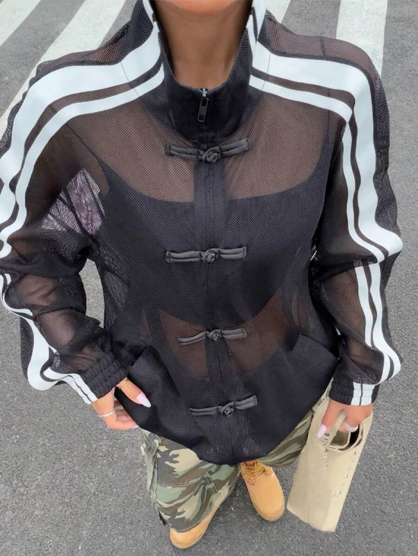 Damen-Mesh-Sweatshirt-Jacke mit Reißverschluss, Stehkragen, Kontraststreifen, Langen Ärmeln, Froschknöpfen, Lockerer Passform, Y2K-Streetwear – Detail 10