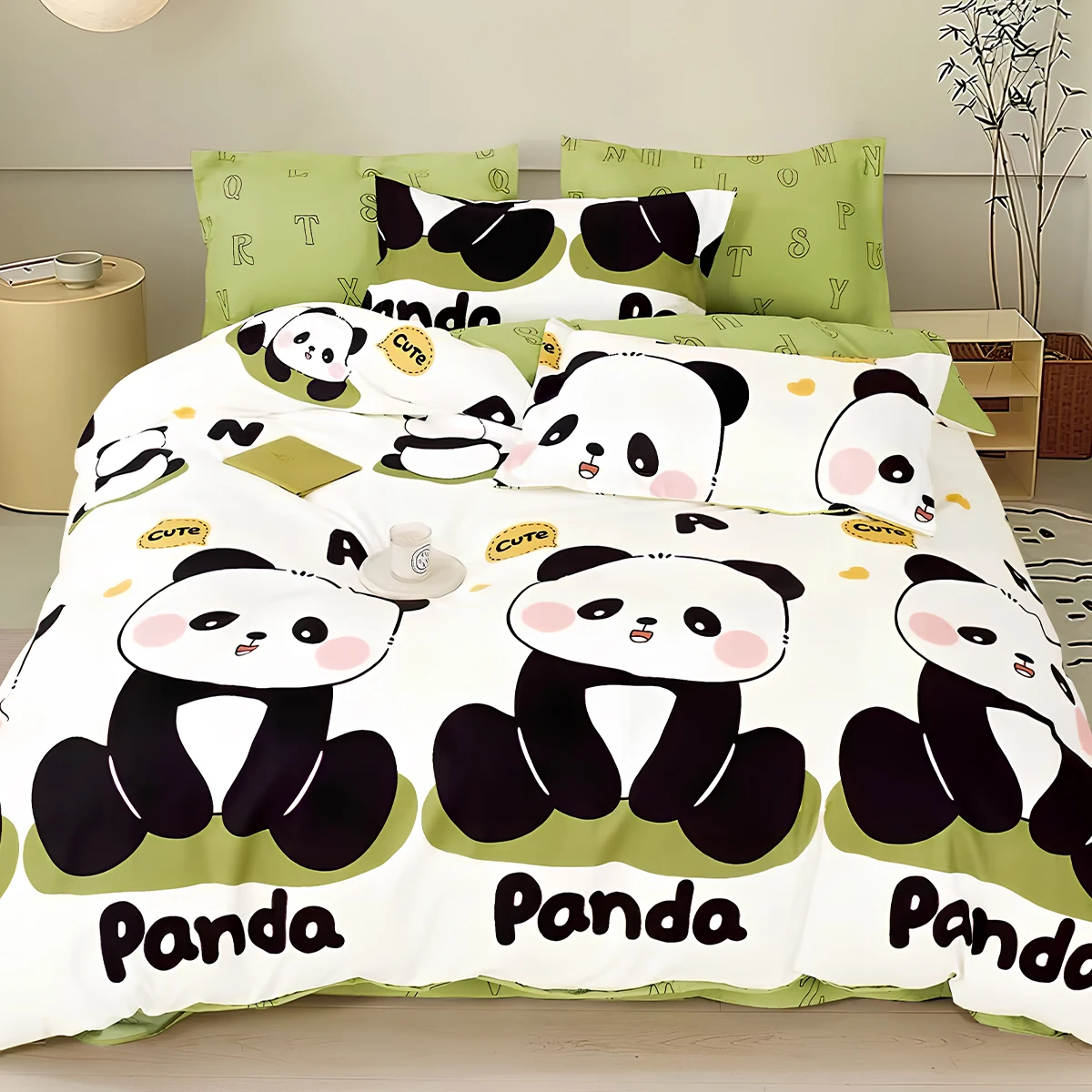 3PCS Duvet Cover Set,Panda Leaf Floral Mountain Gradient Print Microfiber Bedding Set,Home Bedroom Quilt Cover With Pillowcases