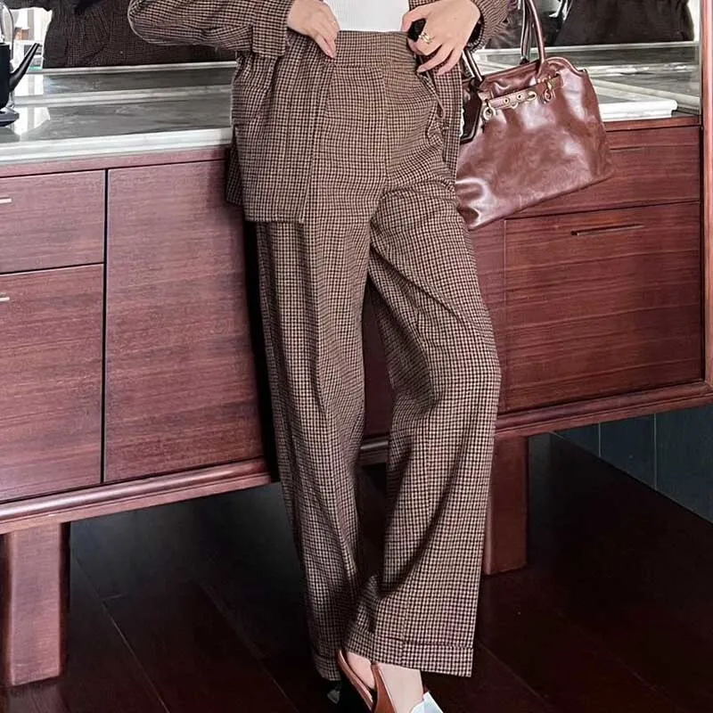 Women's Vintage Houndstooth Suit Pants High Quality Classic High Waist Casual Wide Leg Long Trousers Autumn New Y2K Clothes