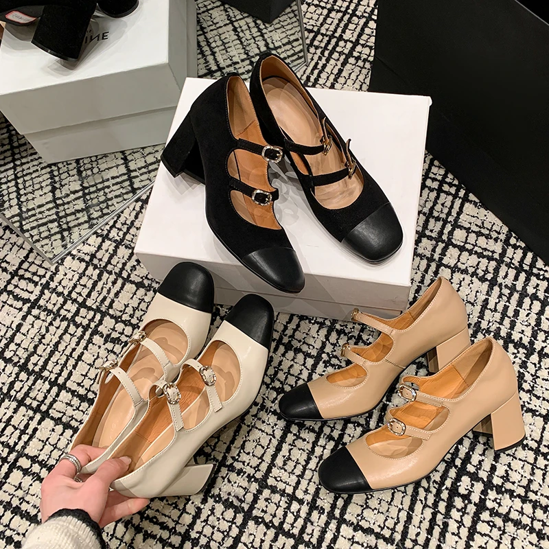 JOZHAMTA Size 34-39 Women Pumps Real Leather Buckle Strap Elegant Chunky High Heels Shoes 2025 Spring Lolita Office Work Dress