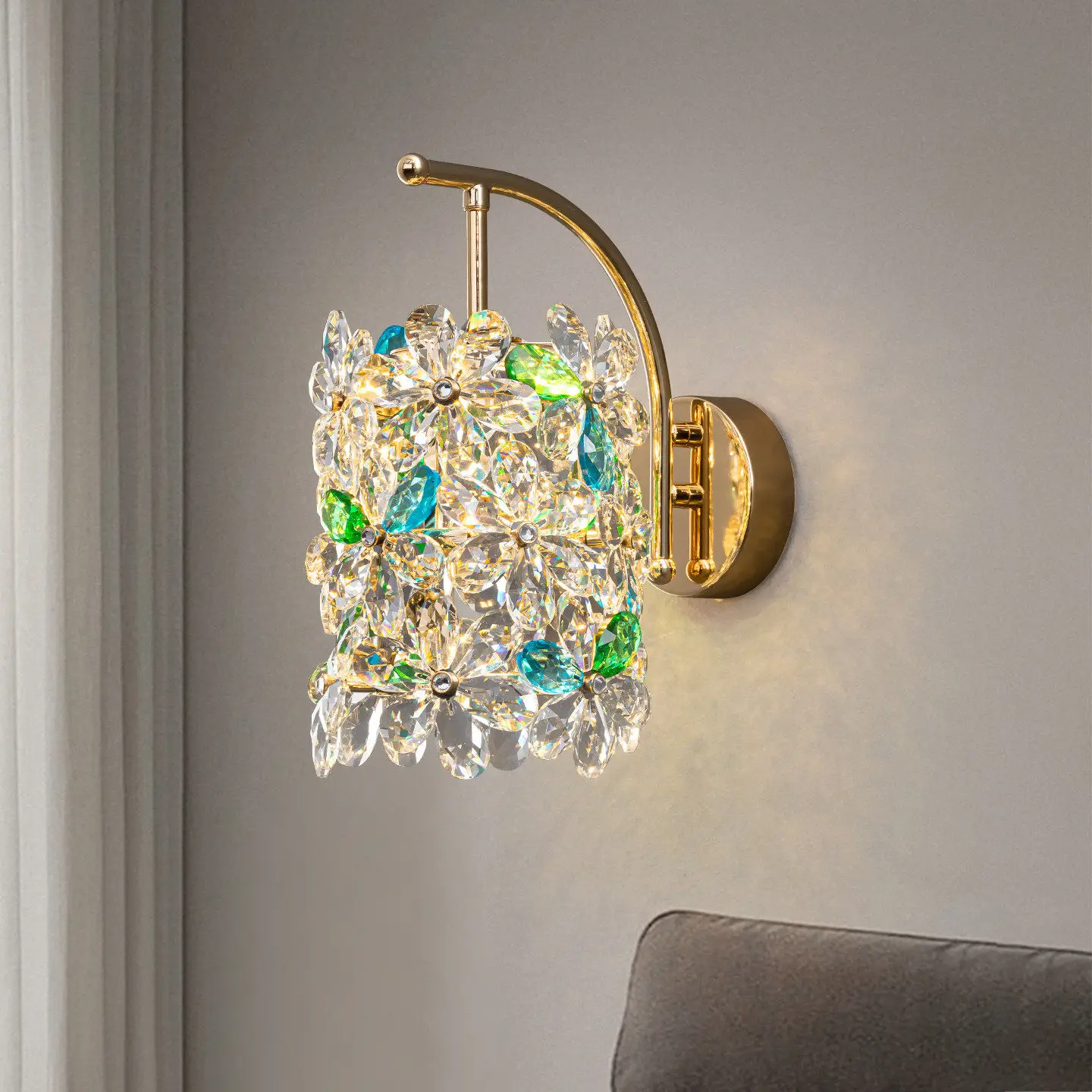 French Romantic Colorful Floral Crystal Wall Light Gold Frame Wall Sconce Indoor Decor Lamp For Bedroom Bedside Hallway Hote