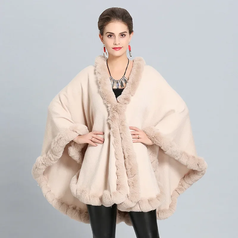 10 Colors Winter Warm Thick Big Pendulum Out Streetwear Loose Long Cloak Knitted Poncho Coat Women String Faux Fur Collar Cape