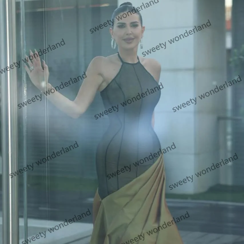 Illusion Trumpet Evening Dresses Woman Satin Sweep Train vestidos de noche Formal Prom Dress Wedding Party Gowns Customized