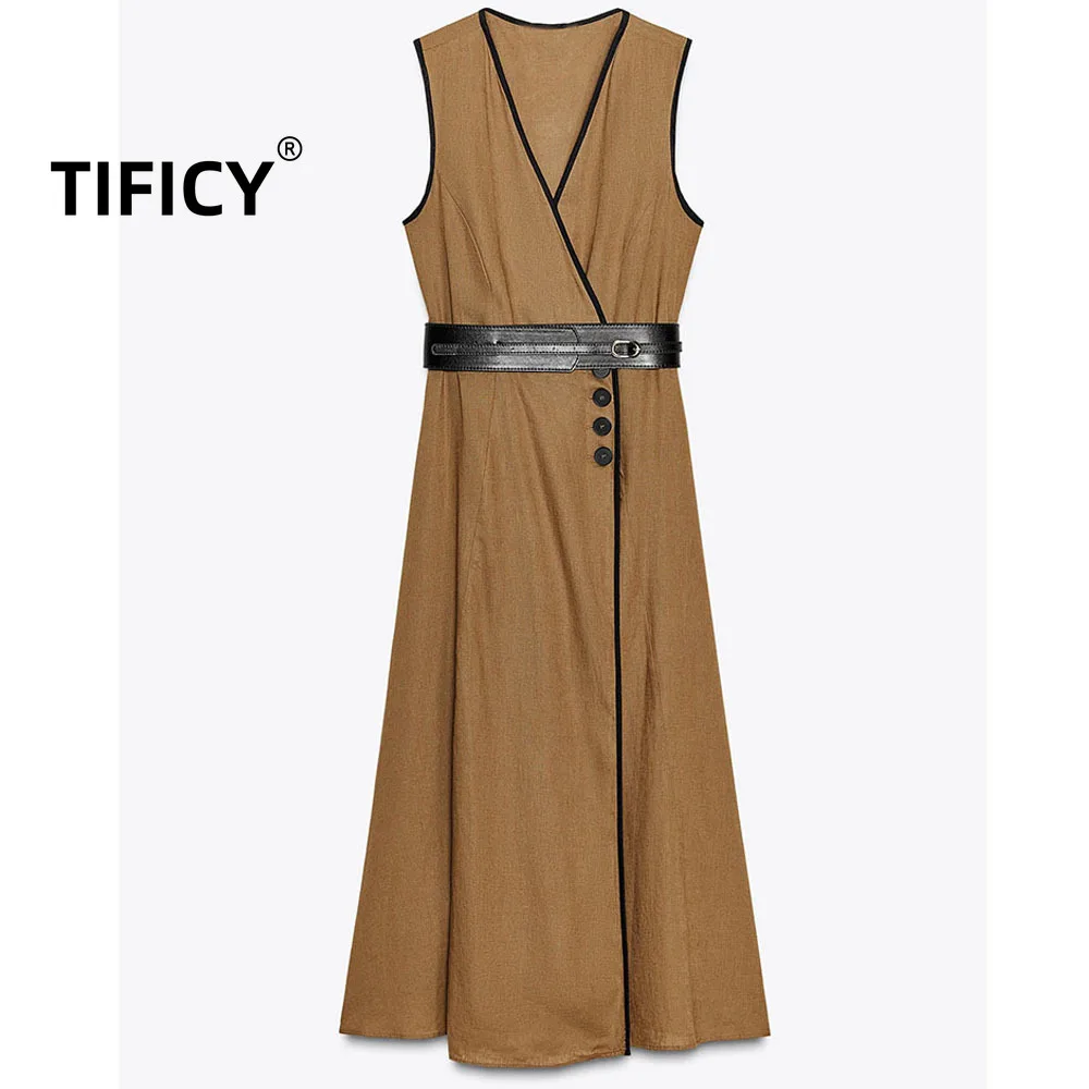 

Hight Street Dresses Summer New Women's Clothing Temperament Sleeveless Waist Cinching Slimming Waist Belt Midi Dress