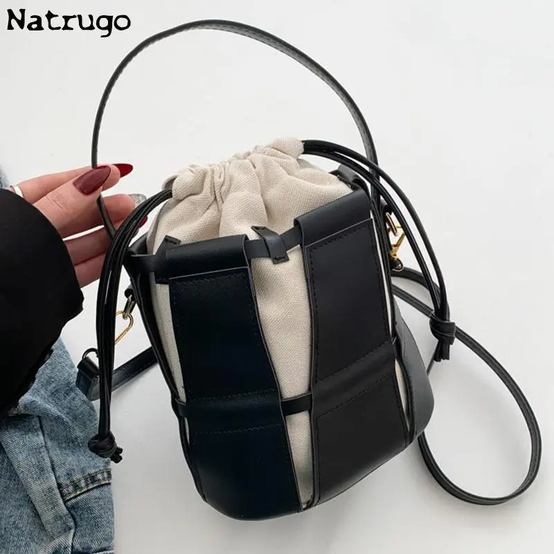 Women\'s Bag 2023 New Cross-body Bag Leather Splicing Portable Bucket Bag Girl\'s Handbag Shopping Cylindrical Bag