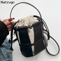 Women's Bag 2023 New Cross-body Bag Leather Splicing Portable Bucket Bag Girl's Handbag Shopping Cylindrical Bag