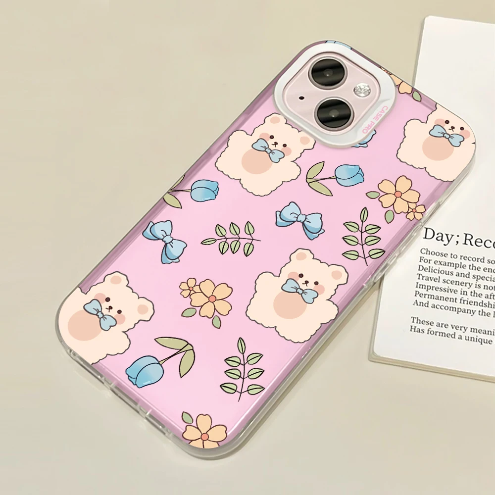 Cartoon Tulip Bear Phone Case for iPhone 14 13 ProMax XR XS Max 7 8 Plus SE 12 11 Luxury Pink Soft TPU Protection Back Cover