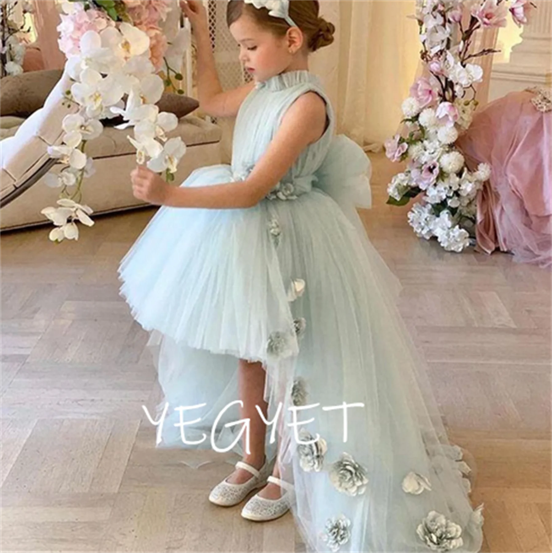 

Baby Girl Dress Tulle Puffy Flower Girl Dress Train Child Pricess Dress For Girl Birthday First Communion Gowns