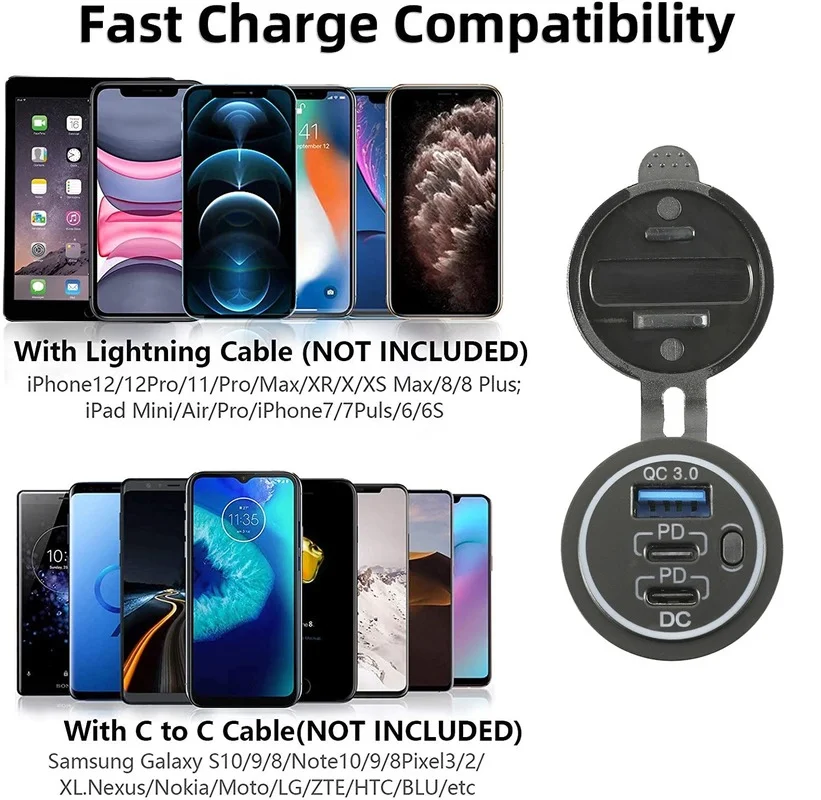 USB C Car Charger Socket DC12V-24V QC3.0 + Dual PD Charging Input Port TYPE-C Fast Charging PD Charger Power Switch Car Adapter