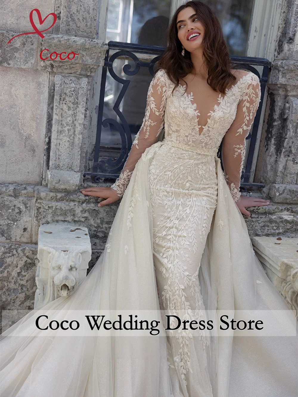 Customized Detachable Train Lace Mermaid Wedding Dresses Full Sleeves Beaded Backless Bridal Gowns with Vestidos De Novia