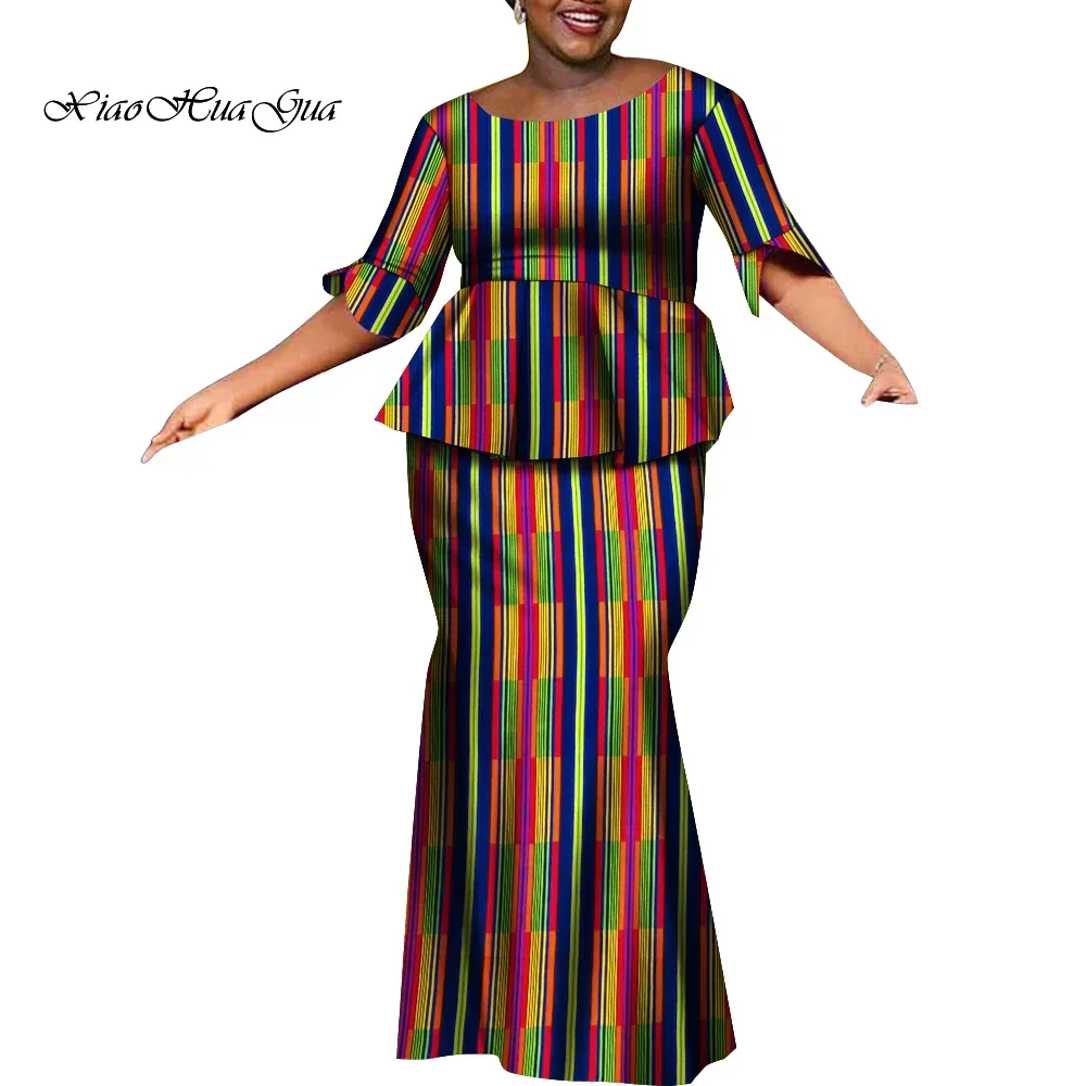 Women Fashion Skirts Set African Clothes O-neck Half Sleeve Dashiki Blouse Tops and Skirts Long Dress African Outfit WY9694