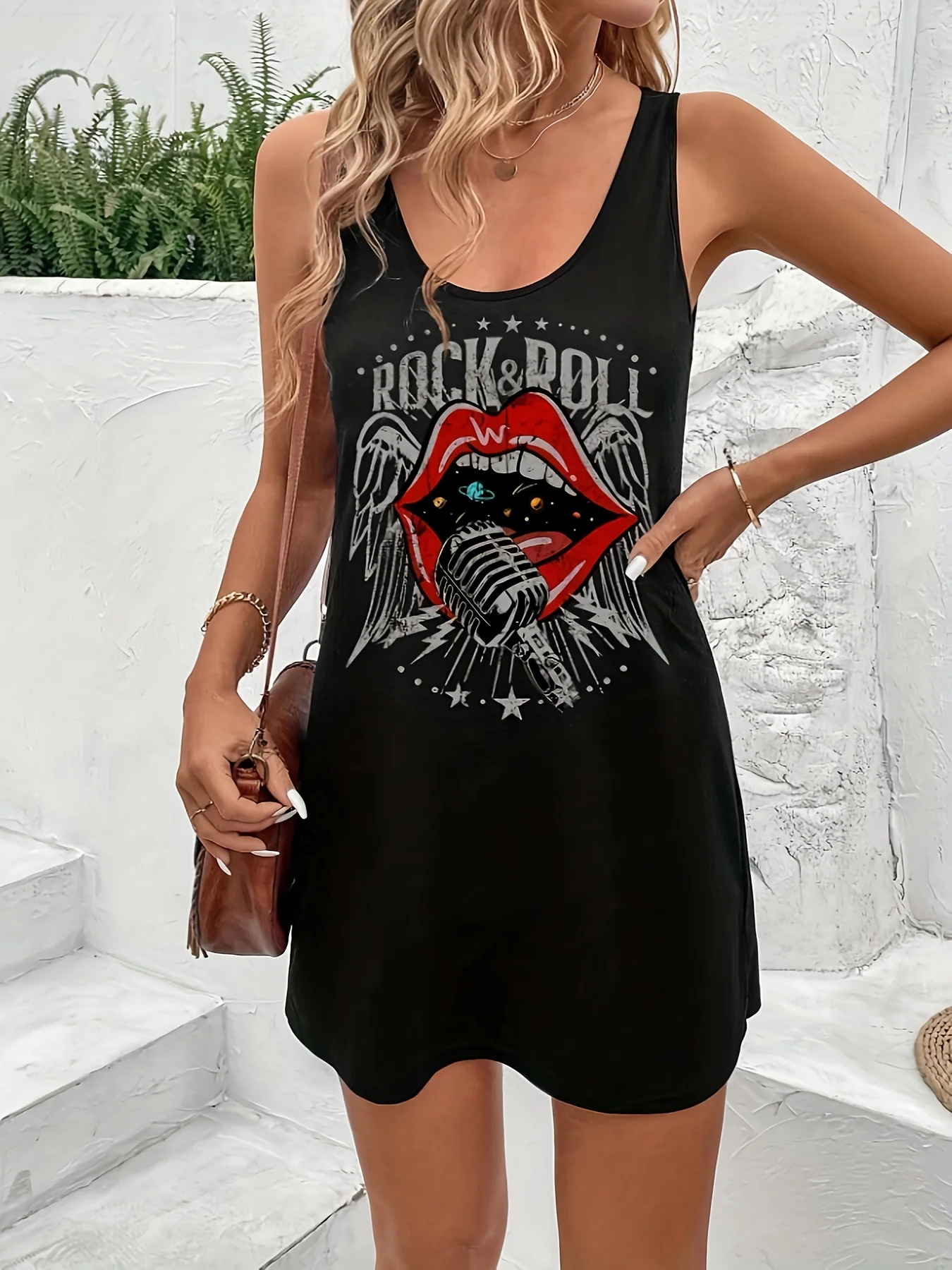 Women's Summer Sleeveless Tank Top Dress Sexy Women's summer loose sleeveless short mini dress with black print - Image 3