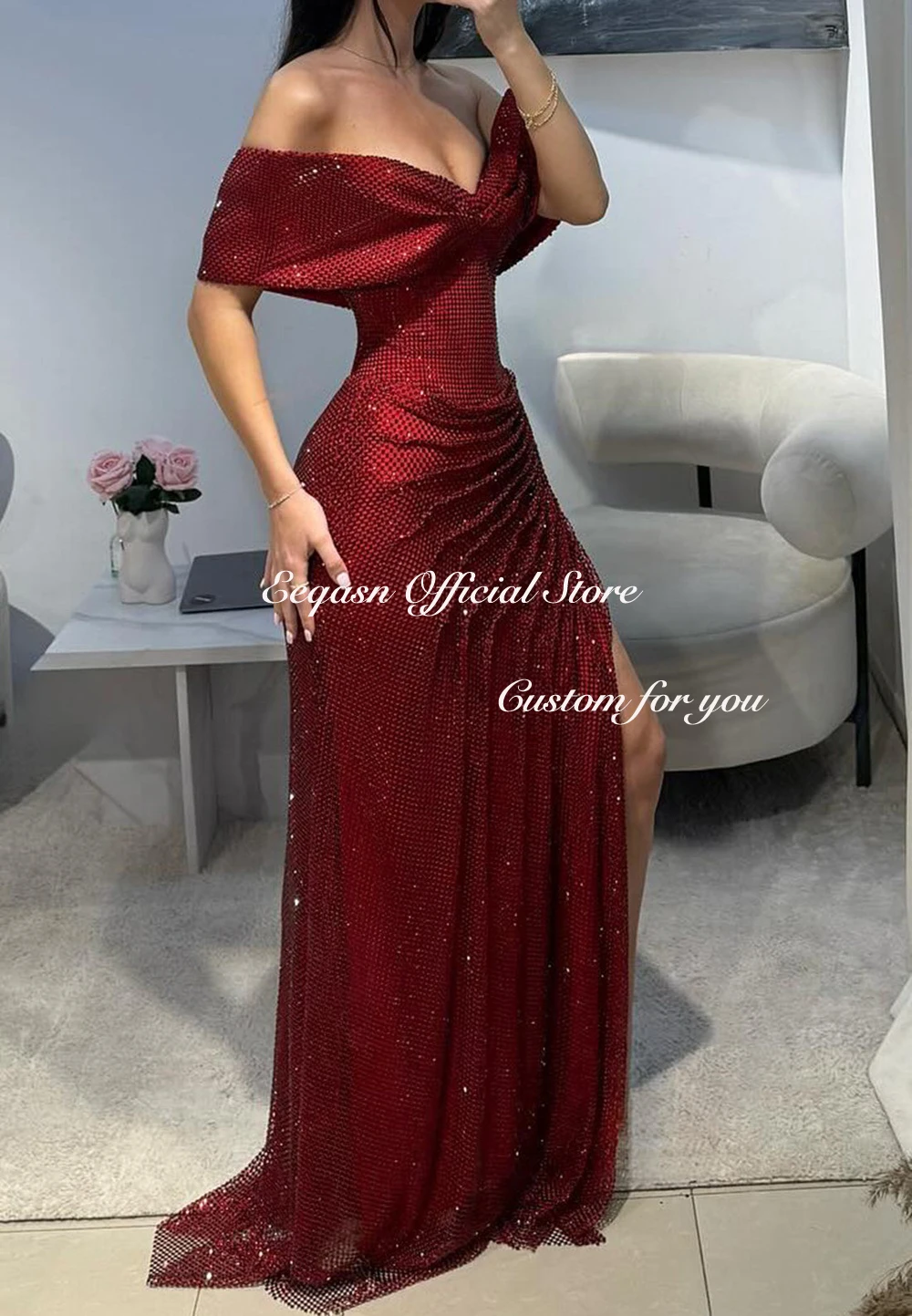 Impresionantes vestidos de graduación sirena con hombros descubiertos vestidos de noche drapeados hasta el suelo pierna dividida vestido de noche Formal personalizado