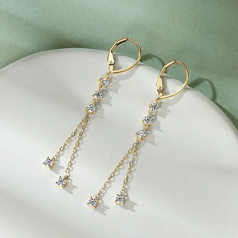 Anziw 6cm Long Tassel 3mm D Moissanite Drop Earrings for Women 925 Sterling Silver Hoop Clip Earrings Wedding Fine Jewelry Gifts