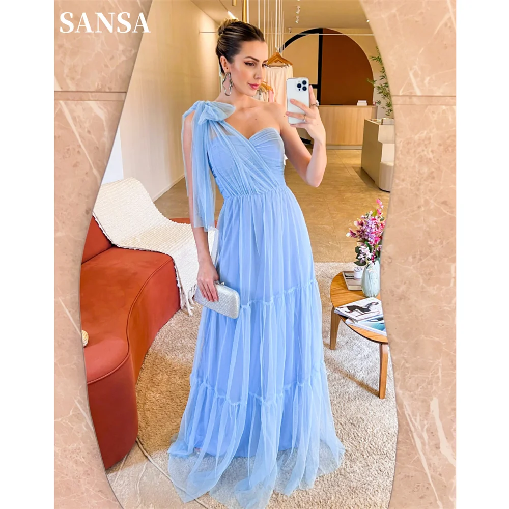 

Sansa Baby Blue A-line فساتين السهرة Sexy One Shoulder Vestidos De Noche Elegant Maxi Tulle Bow On Shoulder Prom Dresses 2024