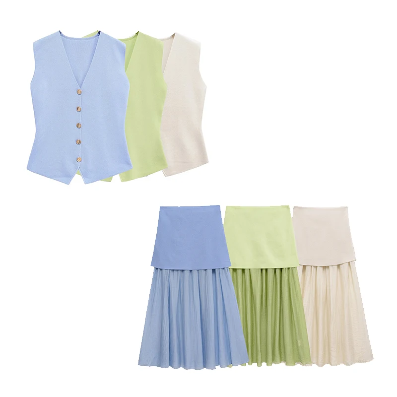 

Willshela женский модный комплект из 2 предметов, однотонная трикотажная однобортная майка и винтажная юбка миди с боковой молнией, женские шикарные юбки, комплект