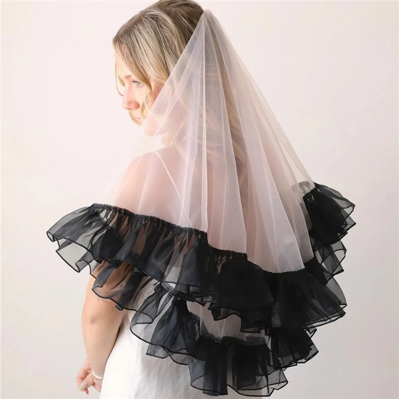 Pink And Black Ruffle Trim Wedding Bridal Veils With Comb Blusher Two Layers Tulle Unique For Brides Colored Short Fingertip