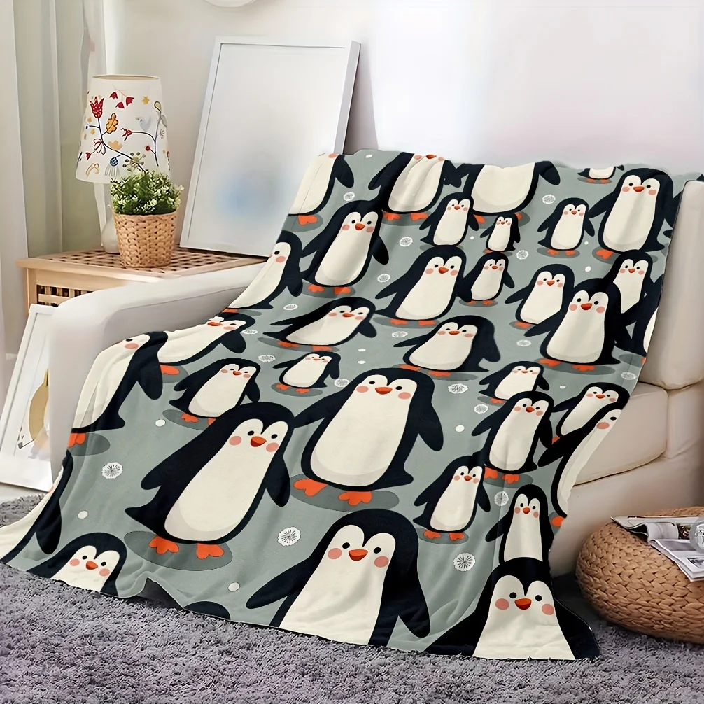 Koc z pingwinem - Miękki flanelowy pled na każdą porę roku / narzuta na łóżko / narzuta na kanapę - Uroczy wzór pingwina w kolorach szary / pomarańczowy / biały / czarny / -