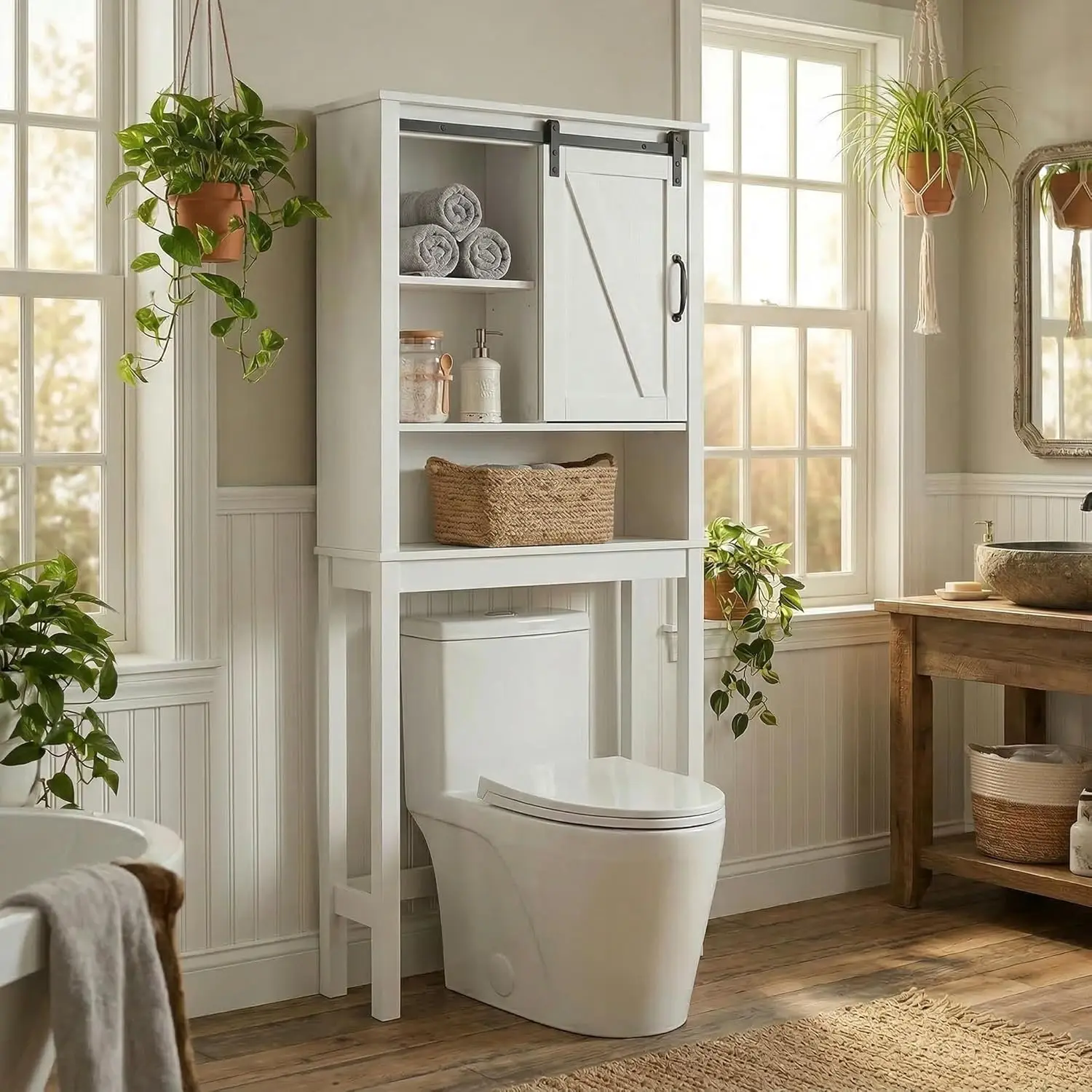 Garvee Aufbewahrungsschrank über der Toilette mit Rolladen, freistehender Badezimmer-Organizer mit verstellbarem Regal, platzsparendes Toilettenregal für kleine Badezimmer, Weiß