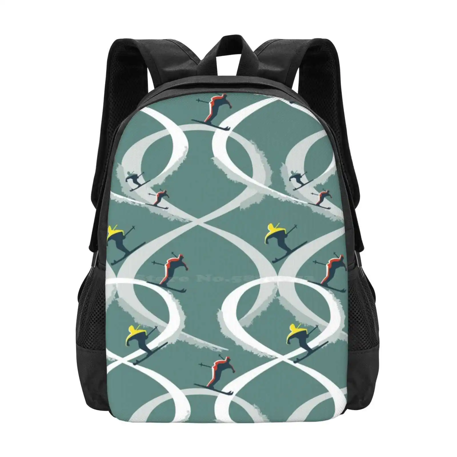 Mid Century Figure 8 Skiers In Retro Style On Teal Pattern Design Bagpack School Bags Skis Skiing Skiers Mid Century Design Mid