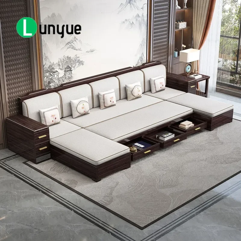 New Chinese Style Red Gold Sandalwood Sofa Bed Telescopic Living Room Furniture Multifunctional Drawer Pull Out Couch for