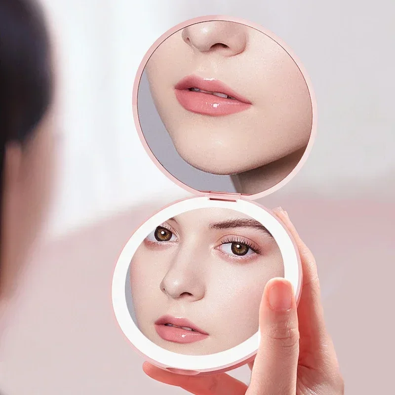 Mini LED Luminous Makeup Mirror Round Portable Foldable Small with Light USB Handheld Cosmetic Compact Magnifying Lighted Mirror