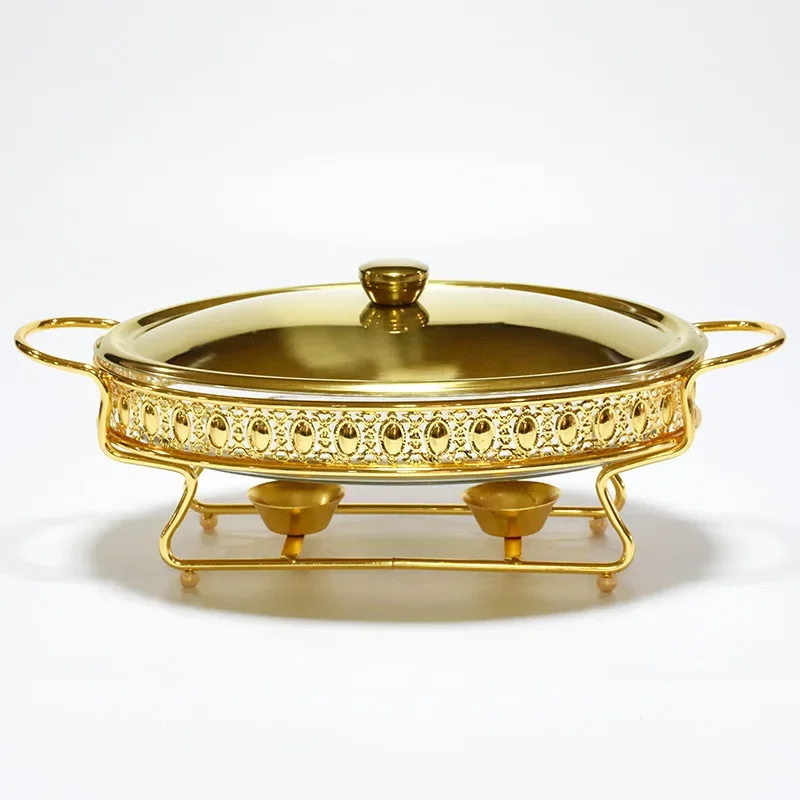 Edelstahl-Glas-Serviergericht, heißer Topf, kleiner Chafing Dish, Speisenwärmer, Buffet, luxuriös, golden, oval, für Hotel, Hochzeit, Chafing Dish
