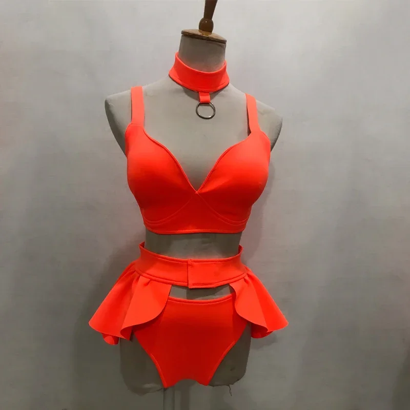 New Sexy Gogo Dancer Costume Fluorescent Orange Bikini Women Group Jazz Dance Performance Outfit Nightclub Ds Dj Stage Wear Set