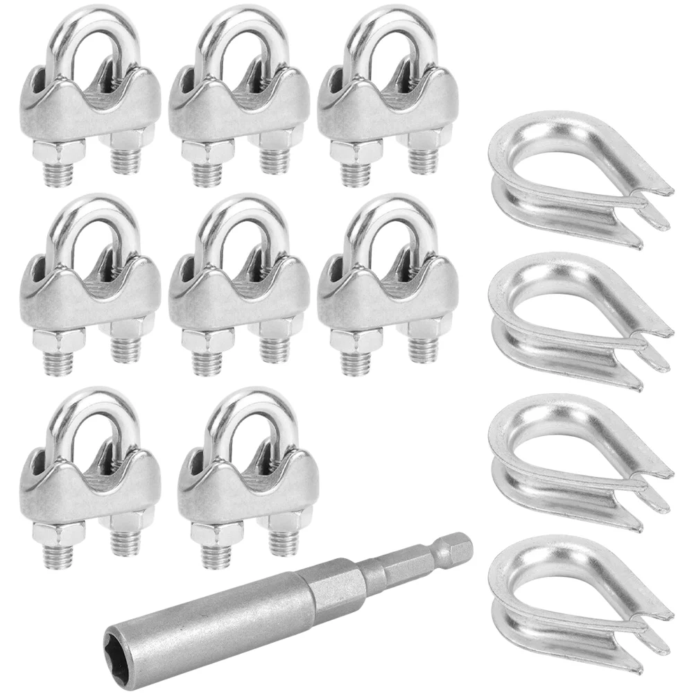 8PCS M5 Stainless Steel Cable Clamps with 4 Thimbles 3/16 and 8mm Hex Wrench for Rope Securing and Barrier Building