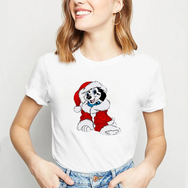 

Новая милая рождественская футболка с короткими рукавами и принтом собаки, повседневная рождественская рубашка, эстетичная одежда, топы в стиле Харадзюку, женская одежда