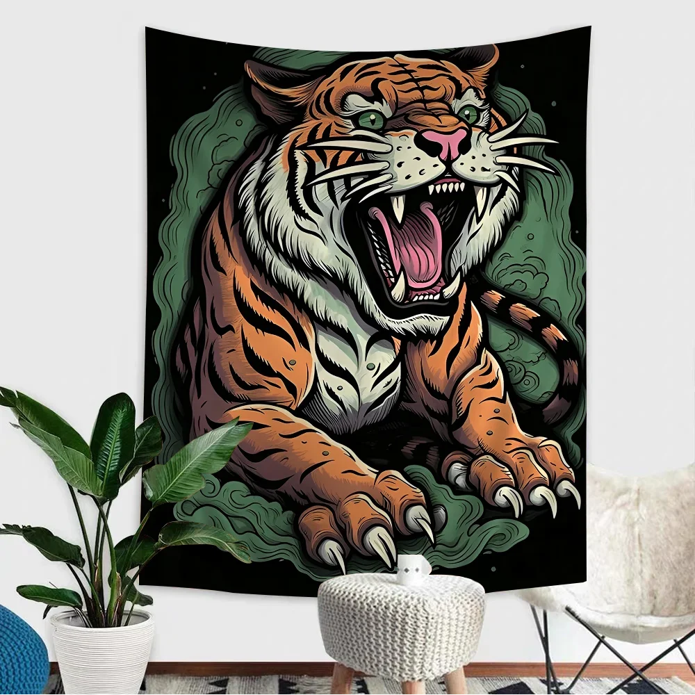 VIKAMA Wild Tiger Tapestry Vintage Tattoo Woman Living with Beasts Fade-proof Living Room Bedroom Decorative Tapestry