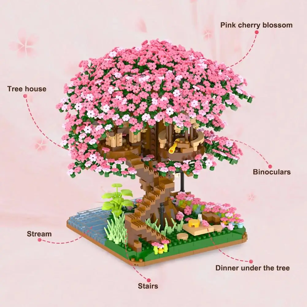 Mini Sakura Boomhut 2138 Stuks Bouwstenen Kersenbloesem Plant Stad Straat Uitzicht Bakstenen Diy Model Ornament Speelgoed Kinderen Cadeau