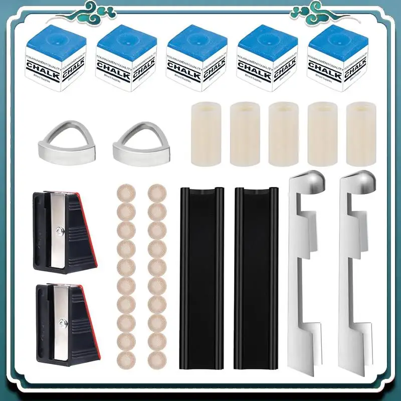 

Billiard Cue Repair Kit 2 Cue Tip Clamps 20 Cue Tips 2 Shapers 5 Chalk Square 5 Ferrules 2 Cue Tip Planers Repair Part Eco-Frien