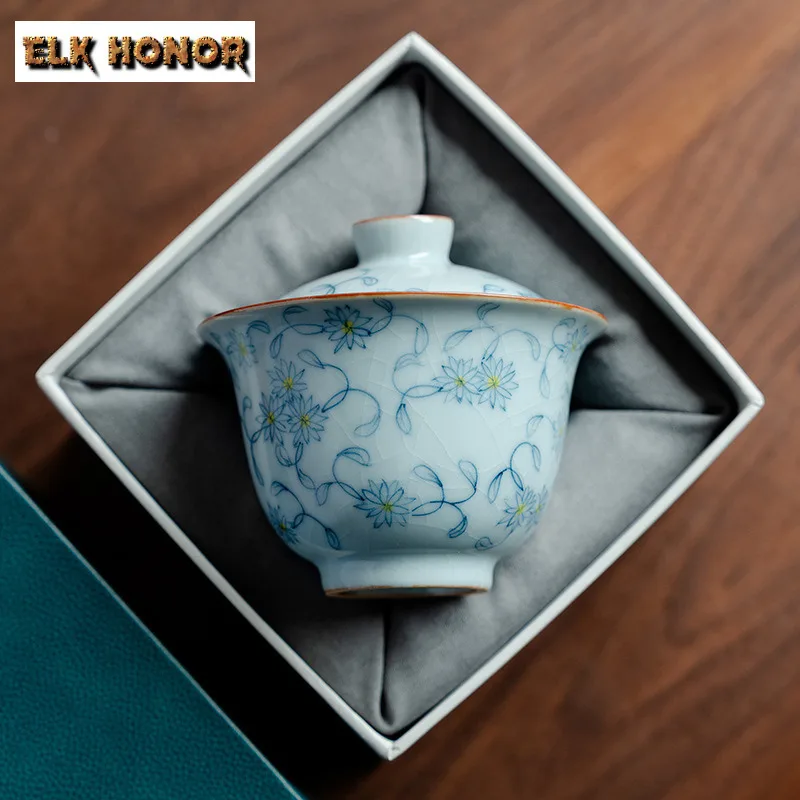 

130ml Ru Kiln Hand-painted Floral Gaiwan Boutique Tea Tureen Tea Bowl With Lid Kit Tea Maker Cover Bowl Cafes Collection Craft