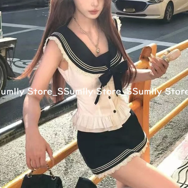 College Style Bow Sweet 2 Piece Set Women Sweet Sailor Shirt + Blue Mini Skirt Suit Japanese Kawaii Sleeveless Ruffle Sets 2025