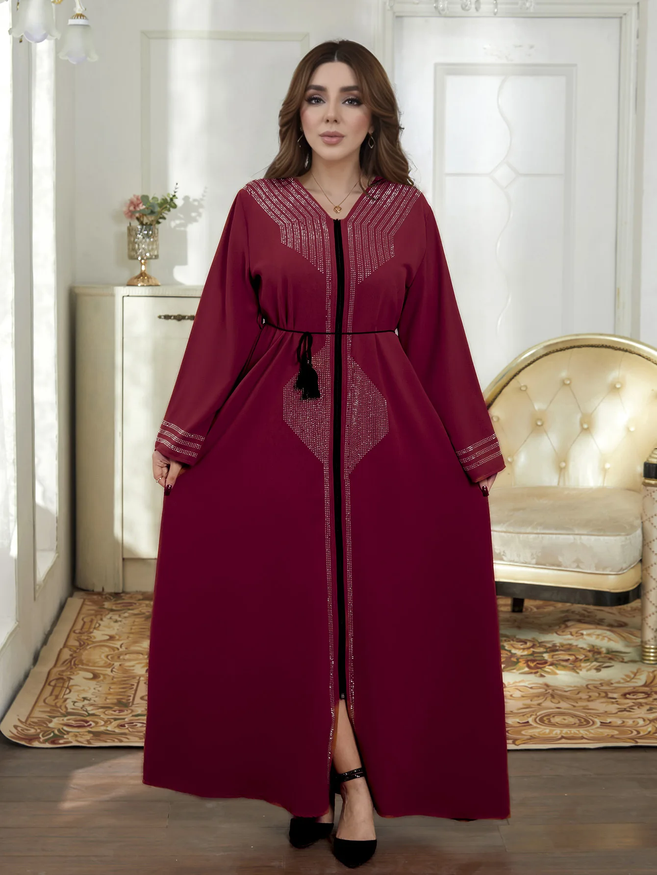 Eid Mubarak Women Open Zipper Dress Abaya Dubai Party Islamic Long Sleeve Hot Drilling Kaftan Muslim Jalabiya Robe Arab Clothes