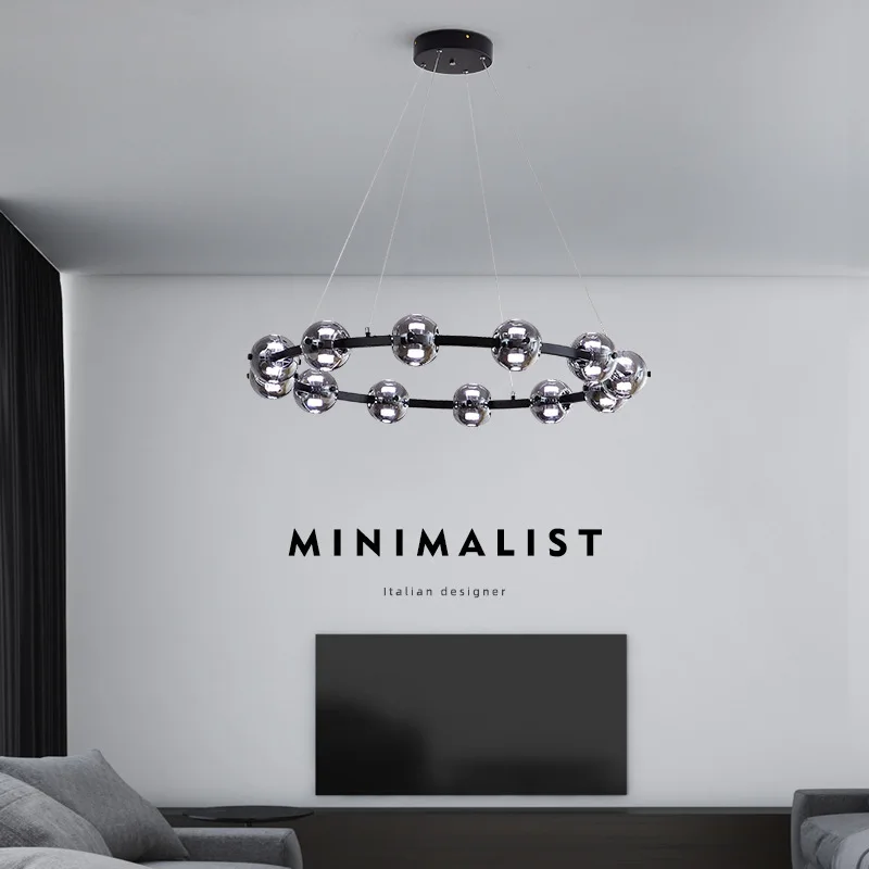 

Italian-style circular glass living room chandelier, post-modern minimalist high-end design, black dining room ash-toned ambianc