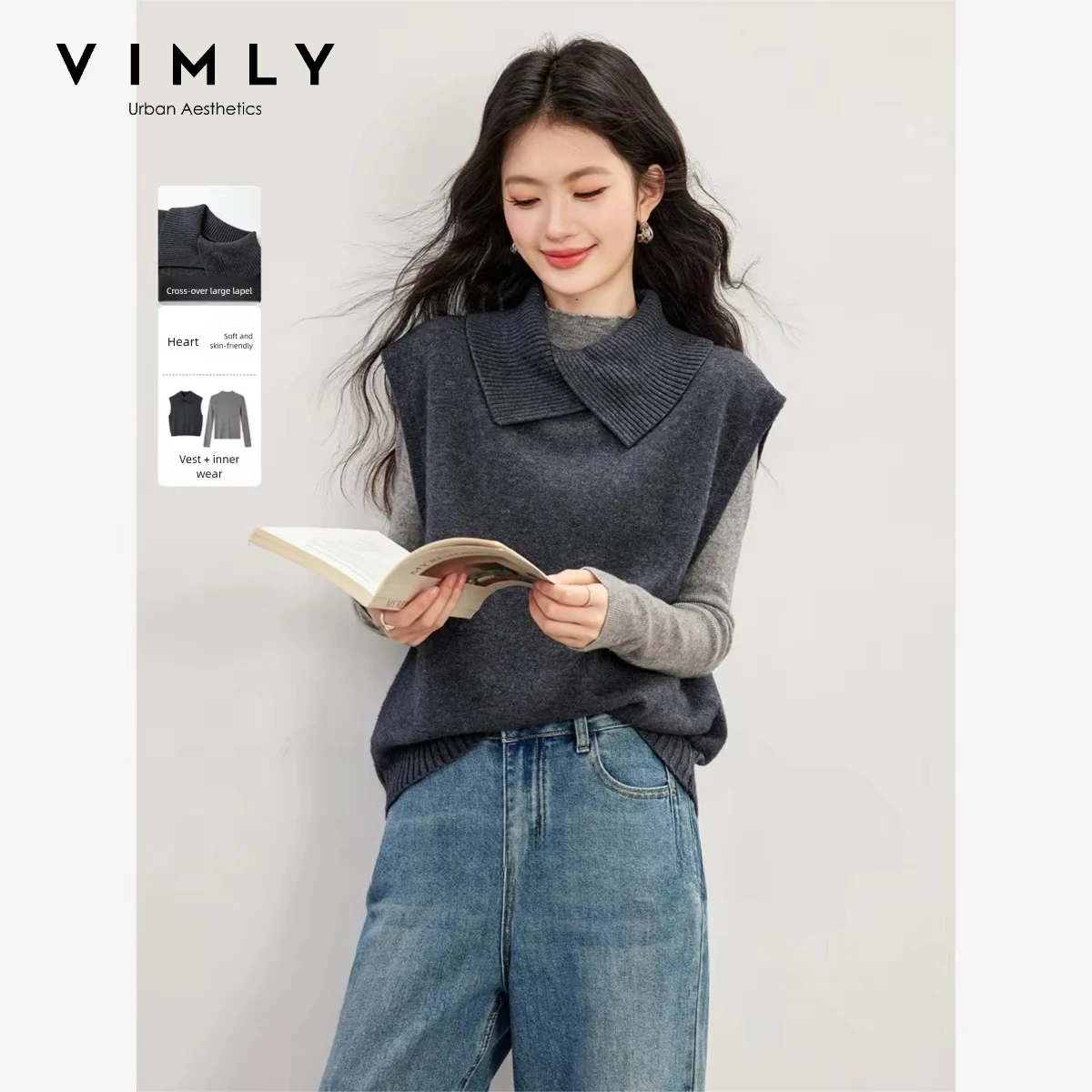 VIMLY Grey Sweater Vest Long Sleeve Pullover Two-piece Set Women 2026 Autumn Fashion Casual Knit Sweater Matching Outfit 31890
