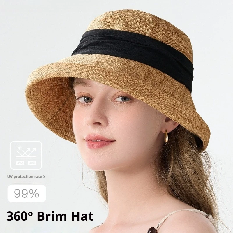 1 Stück Damen Leinen-Sonnenhut mit breiter Krempe, atmungsaktiver Outdoor-Strand-Reisehut im eleganten Stil, modisches Sommer-Accessoire