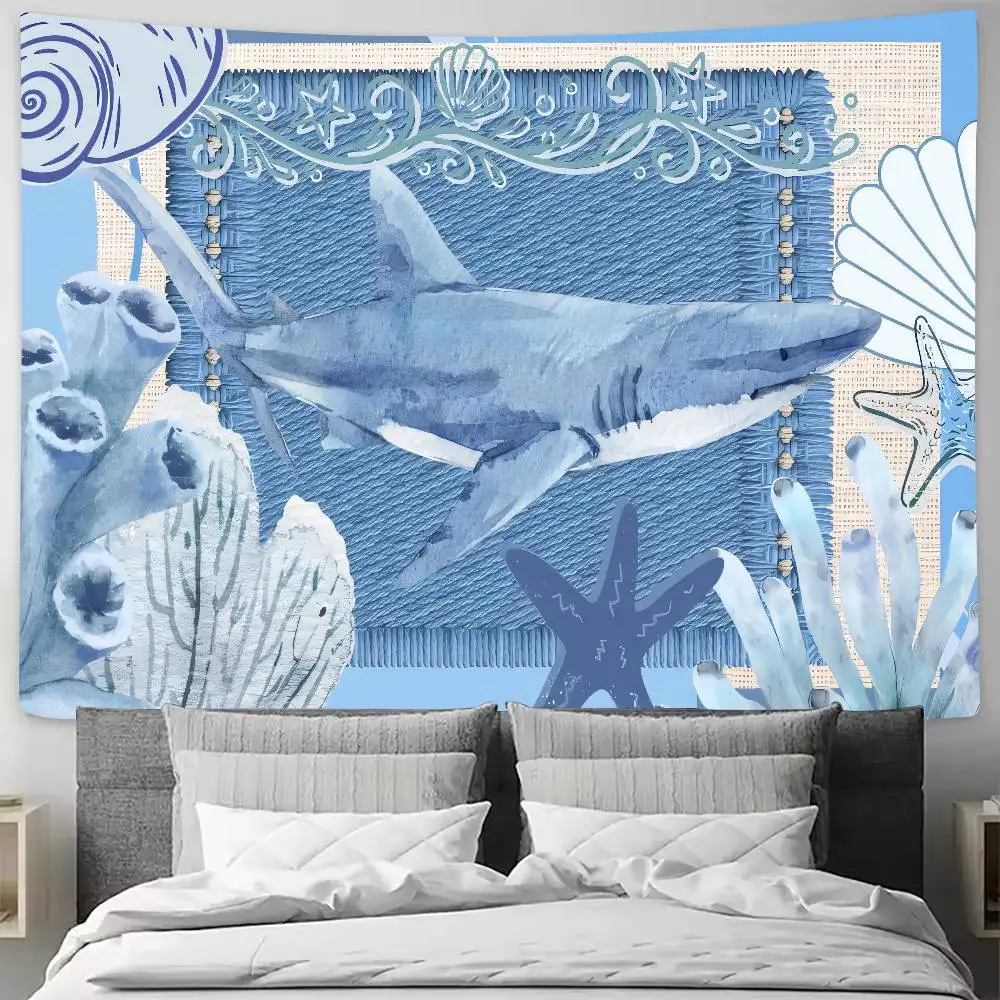 Watercolor Shark Tapestry, Ocean Sea Coral Shell Starfish Wall Blue Marine Animal Aesthetic Wall Blanket Living Room Home Decor
