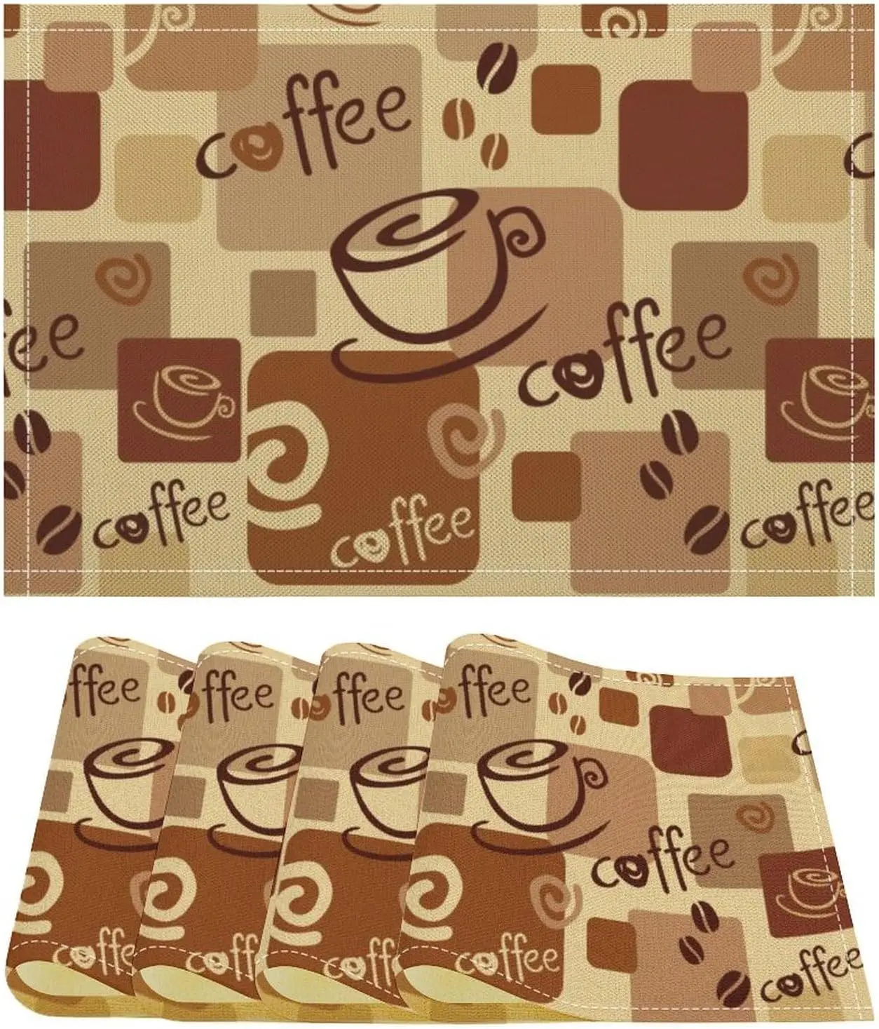 Rustic Coffee Placemats Set of 6, Vintage Watercolor Hand Painted Doodle Coffee Design Print Placemats Table Mat for Home