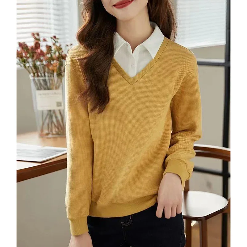 

Fashion Lapel Spliced Casual Fake Two Pieces Blouses Women Clothing Autumn Winter New Loose All-match Tops Commuter Shirts U573